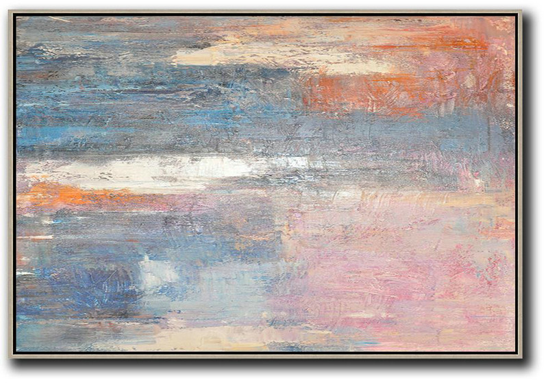 Oversized Horizontal Contemporary Art,Original Abstract Painting Canvas Art,Pink,Blue,Grey